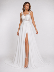 Elegant Illusion Round Neck Lace Applique Chiffon A-Line Wedding Dress with High Slit and Chapel Train