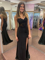 Black Mermaid Spaghetti Straps Applique Long Prom Dress with Slit