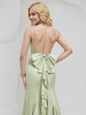Celadon Satin Spaghetti Straps Sleeveless Floor Length Bridesmaid Dress With Bow
