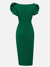 Green 3D Floral Ruched V Neck Sheath Midi Dress
