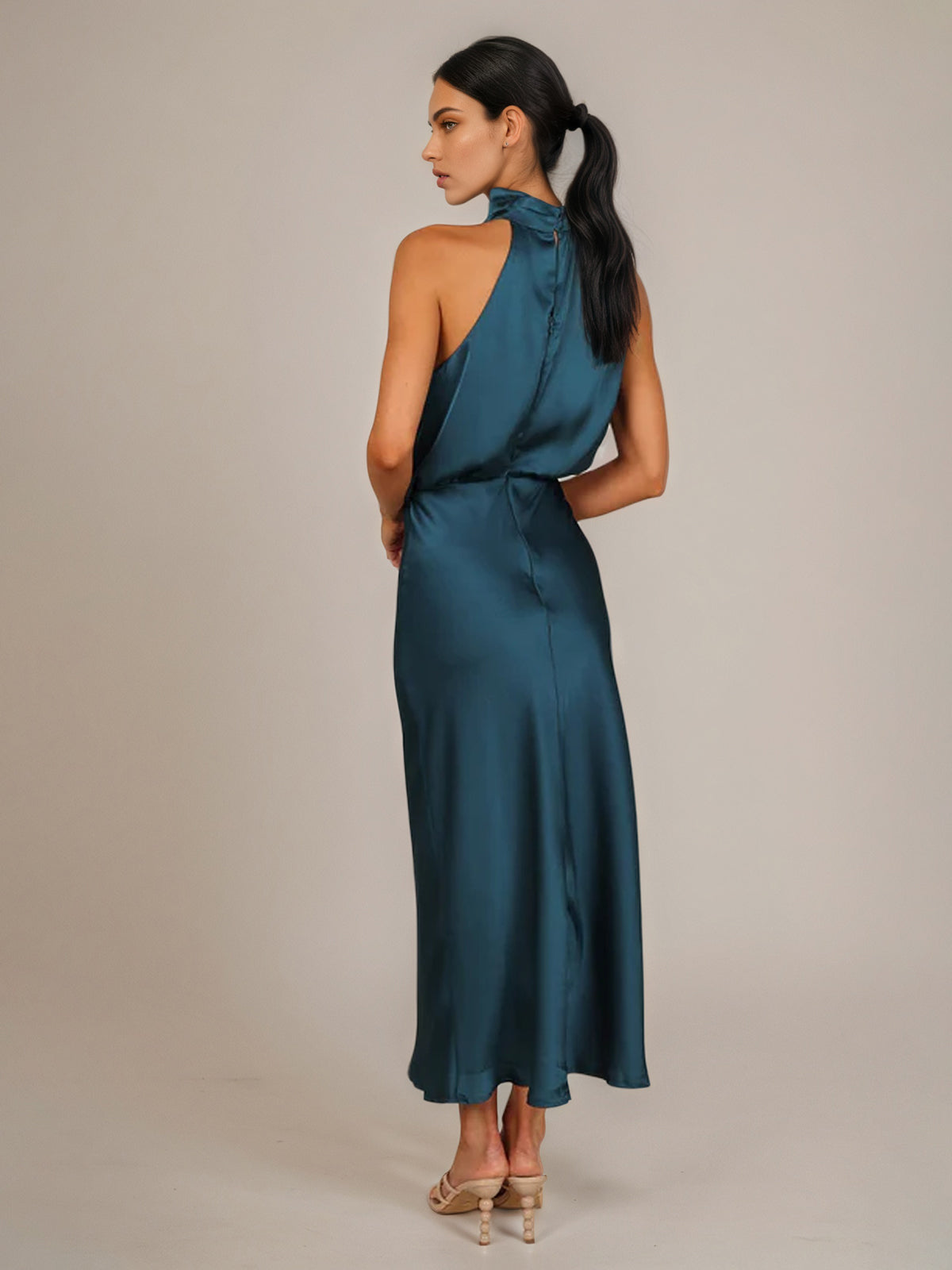 Teal Satin Sheath/Column High Neck Sleeveless Ankle Length Bridesmaid Dress