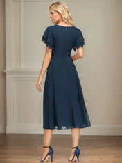 A Line V-Neck Tea Length Chiffon Dress With Cascading Ruffles