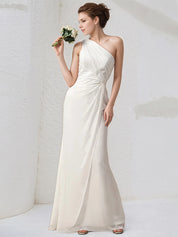 Ivory Chiffon Sheath/Column One Shoulder Sleeveless Floor Length Bridesmaid Dress