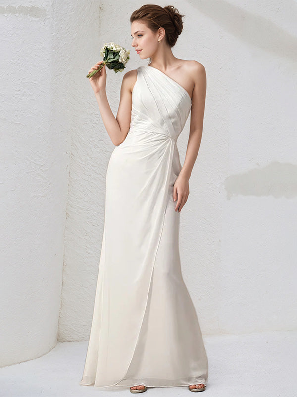 Ivory Chiffon Sheath/Column One Shoulder Sleeveless Floor Length Bridesmaid Dress