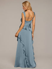 Blue Sheath/Column Satin Square Neck Sleeveless Floor Length Dresses