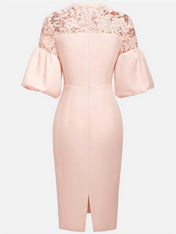 Pink Lace Classic Crew Neck Short Sleeve Balloon Sleeve Sheath Midi Dress