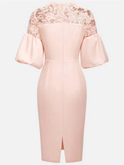 Pink Lace Classic Crew Neck Short Sleeve Balloon Sleeve Sheath Midi Dress