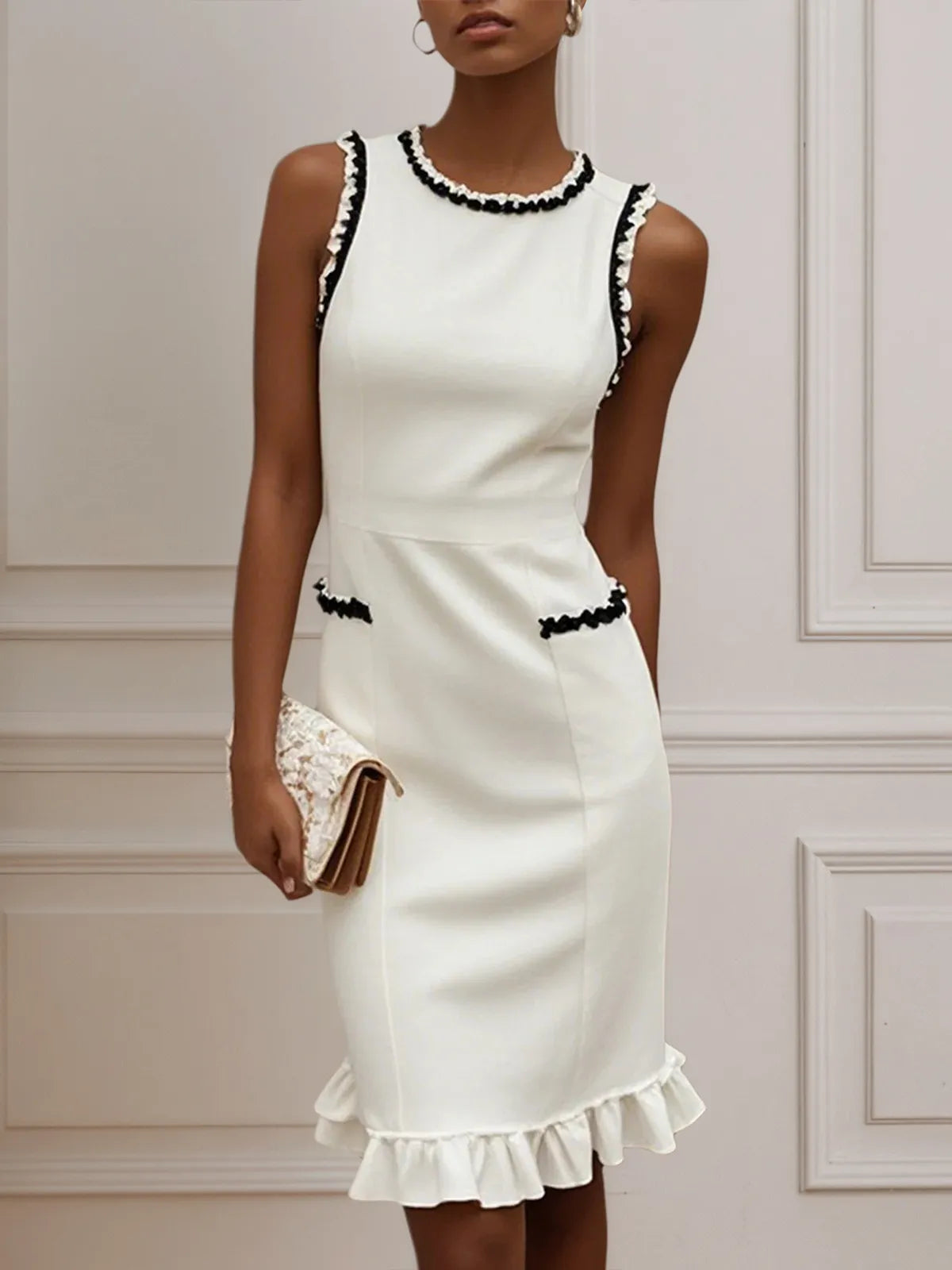 White Lace Classic Crew Neck Sleeveless Balloon Sleeve Sheath Midi Dress