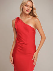 Red Satin Sheath/Column One Shoulder Sleeveless Ankle Length Bridesmaid Dress