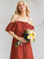 Rust Chiffon A Line Spaghetti Straps Sleeveless Floor Length Bridesmaid Dress With Ruffle