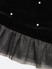 Black Beaded Ruffled Mock Neck Three Quarter Sleeve A-Line Maxi Velvet Dress