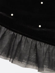 Black Beaded Ruffled Mock Neck Three Quarter Sleeve A-Line Maxi Velvet Dress