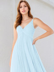 Sky Blue A-Line V Neck Floor-Length Chiffon Bridesmaid Dress
