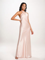 Pearl Pink Sheath/Column Halter Floor-Length Sleeveless Satin Bridesmaid Dress