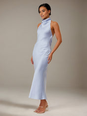Blue Satin Sheath/Column High Neck Ankle Length Bridesmaid Dresses