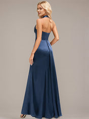 Navy Blue A-Line Halter Floor-Length Satin Bridesmaid Dress With Ruched