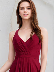 Burgundy A-Line V-Neck Floor-Length Chiffon Bridesmaid Dress