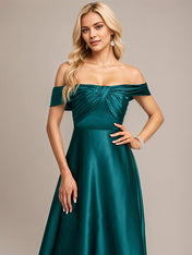 Peacock A-Line Off the Shoulder Floor-Length Satin Bridesmaid Dress