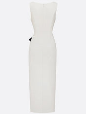 White Piping Classic Crew Neck Sleeveless Sheath Maxi Dress