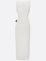 White Piping Classic Crew Neck Sleeveless Sheath Maxi Dress