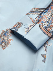 Light Blue Floral Paisley Cotton Shirt Dress Shirt Collar Long Sleeve A-Line Maxi Dress