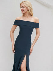 Dark Navy Chiffon Trumpet/Mermaid Off the Shoulder Asymmetrical Chiffon Bridesmaid Dress