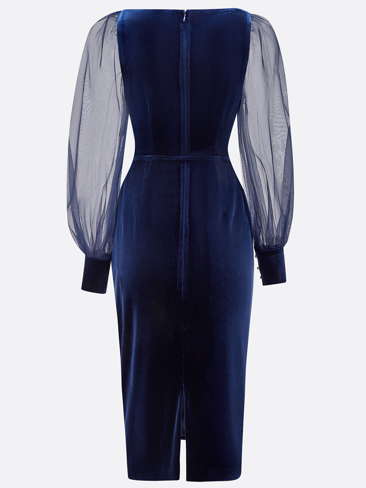 Purplish Blue Mesh Balloon Sleeve Sheath Midi Velvet Dress