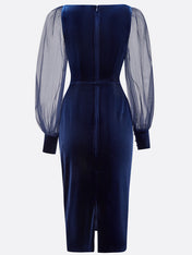 Purplish Blue Mesh Balloon Sleeve Sheath Midi Velvet Dress