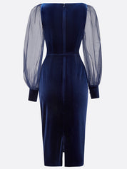 Purplish Blue Mesh Balloon Sleeve Sheath Midi Velvet Dress