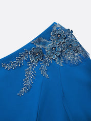 Blue Applique Hotfix Embellished Asymmetric Classic One Shoulder Sleeveless Sheath Midi Dress