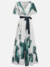 Blue Printing Chiffon V Neck Short Sleeve A-Line Maxi Dress