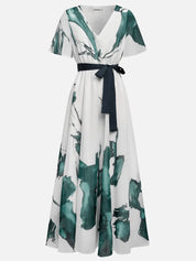 Blue Printing Chiffon V Neck Short Sleeve A-Line Maxi Dress