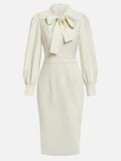 Off White Bow Neck Long Sleeve Sheath Midi Blazer Dress