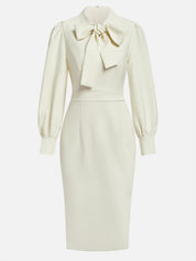 Off White Bow Neck Long Sleeve Sheath Midi Blazer Dress