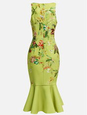 Green Floral Boat Neck Sleeveless Mermaid Midi Dress