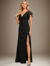 Sheath/Column V-Neck Floor-Length Chiffon Dress With Pleated Sequins Beading