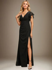 Sheath/Column V-Neck Floor-Length Chiffon Dress With Pleated Sequins Beading
