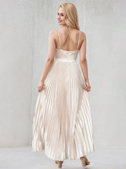 Champagne A Line Satin Spaghetti Straps Sleeveless Floor Length Dress With 3D Flower