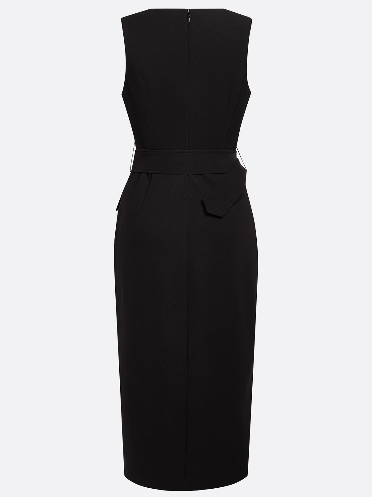 Black Buckle Slit Classic V Neck Sleeveless Sheath Midi Dress