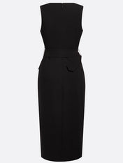 Black Buckle Slit Classic V Neck Sleeveless Sheath Midi Dress