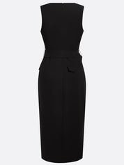 Black Buckle Slit Classic V Neck Sleeveless Sheath Midi Dress