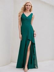 Peacock Chiffon A Line V Neck Sleeveless Floor Length Bridesmaid Dress With Ruffle