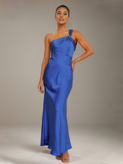 Cobalt Blue Satin Sheath/Column One shoulder Ankle Length Bridesmaid Dresses