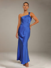 Cobalt Blue Satin Sheath/Column One shoulder Ankle Length Bridesmaid Dresses
