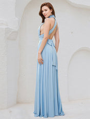 Sky Blue Chiffon A Line V Neck Sleeveless Floor Length Bridesmaid Dress