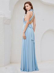 Sky Blue Chiffon A Line V Neck Sleeveless Floor Length Bridesmaid Dress