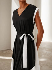 Black V Neck Short Sleeve Tie Waist A-line Midi Dress