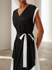 Black V Neck Short Sleeve Tie Waist A-line Midi Dress