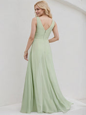 Celadon Chiffon Jumpsuit/Pantsuit V Neck Sleeveless Floor Length Bridesmaid Dress