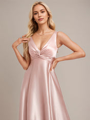 Dusty Rose A-Line V-Neck Floor-Length Satin Bridesmaid Dress